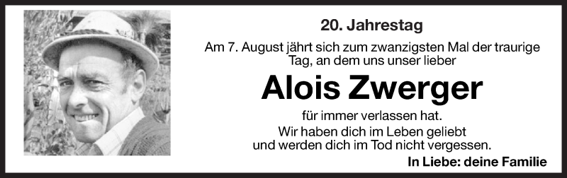  Traueranzeige für Alois Zwerger vom 03.08.2012 aus Dolomiten