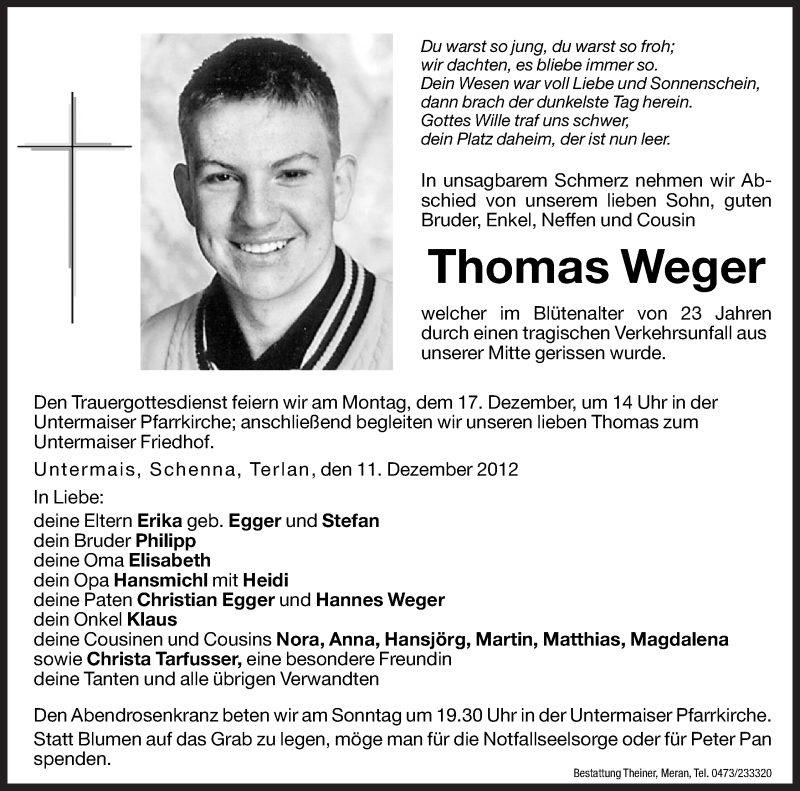  Traueranzeige für Thomas Weger vom 14.12.2012 aus Dolomiten