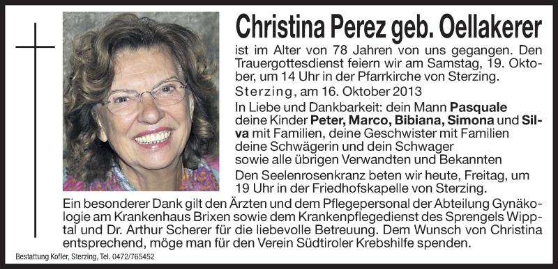  Traueranzeige für Christina Perez vom 18.10.2013 aus Dolomiten