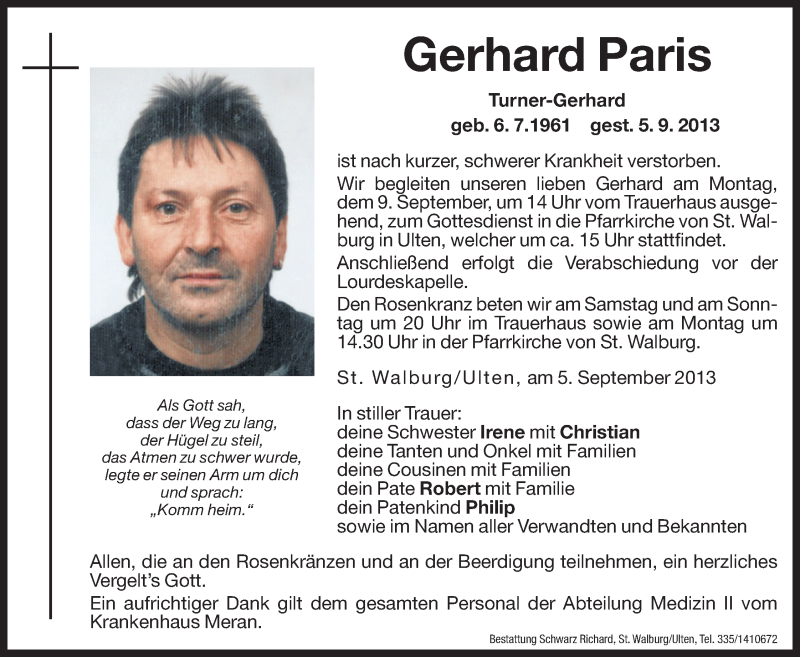  Traueranzeige für Gerhard Paris vom 06.09.2013 aus Dolomiten