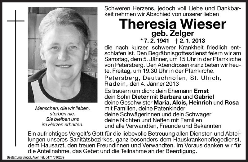  Traueranzeige für Theresia Wieser vom 04.01.2013 aus Dolomiten