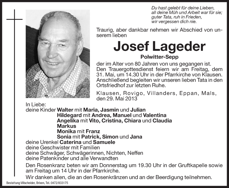  Traueranzeige für Josef Lageder vom 30.05.2013 aus Dolomiten