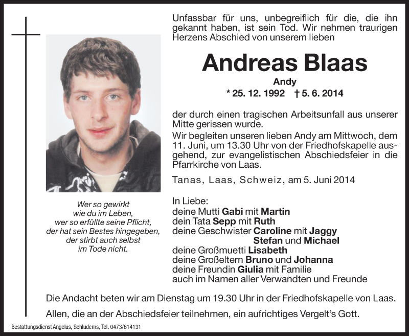  Traueranzeige für Andreas Blaas vom 10.06.2014 aus Dolomiten