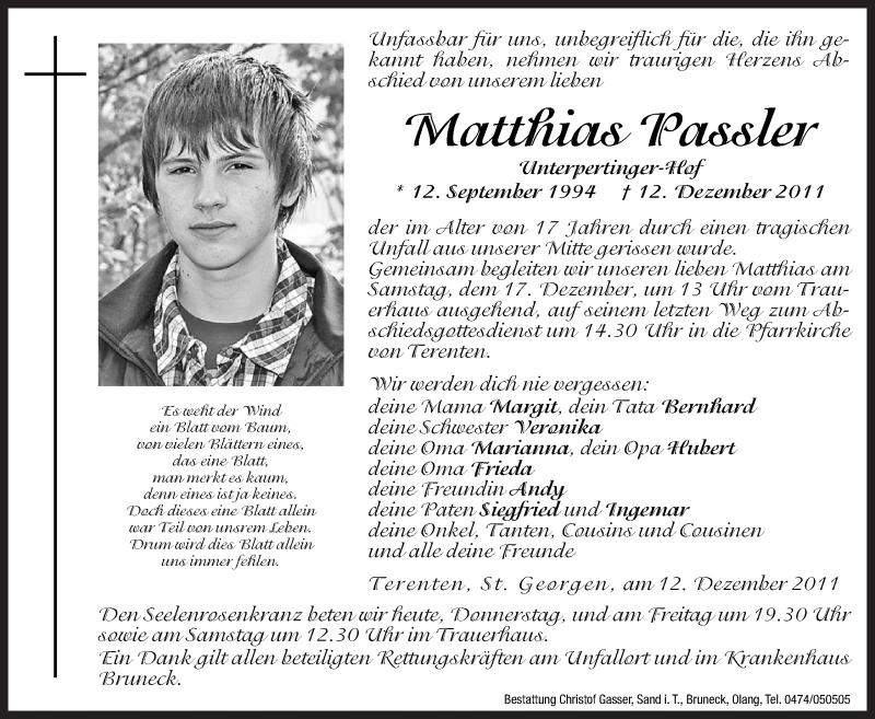  Traueranzeige für Matthias Passler vom 15.12.2011 aus Dolomiten