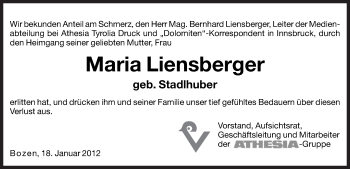 Traueranzeige von Maria Liensberger von Dolomiten