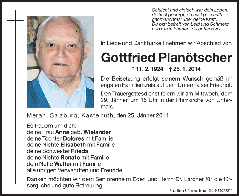  Traueranzeige für Gottfried Planötscher vom 27.01.2014 aus Dolomiten