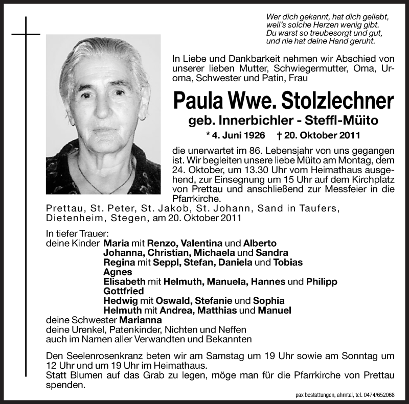  Traueranzeige für Paula Stolzlechner vom 22.10.2011 aus Dolomiten