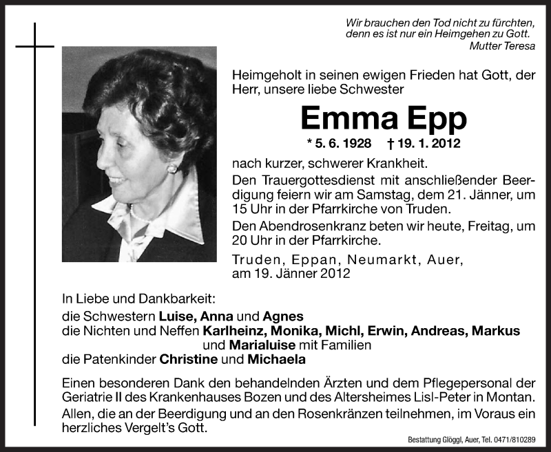  Traueranzeige für Emma Epp vom 20.01.2012 aus Dolomiten