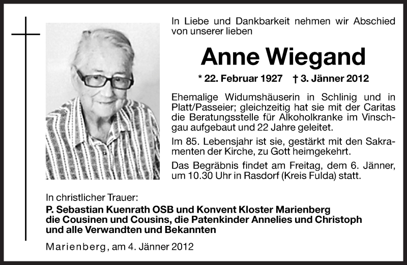  Traueranzeige für Anne Wiegand vom 05.01.2012 aus Dolomiten