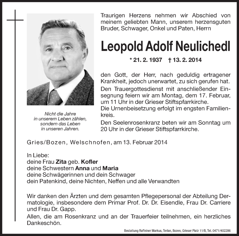  Traueranzeige für Leopold Adolf Neulichedl vom 15.02.2014 aus Dolomiten