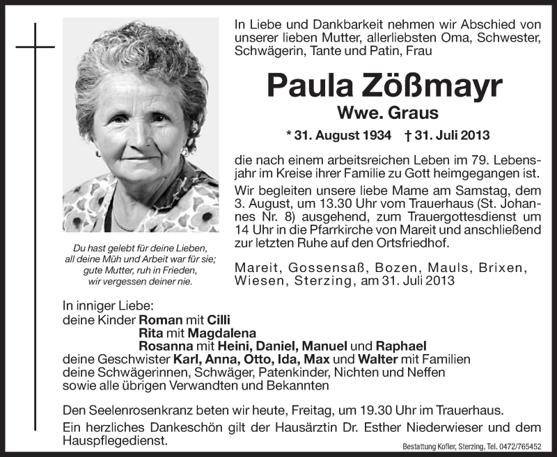  Traueranzeige für Paula Graus vom 02.08.2013 aus Dolomiten