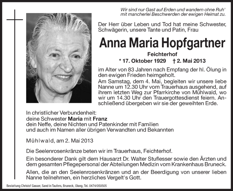  Traueranzeige für Anna Maria Hopfgartner vom 03.05.2013 aus Dolomiten