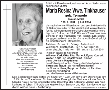 Traueranzeige von Maria Rosina Tempele von Dolomiten