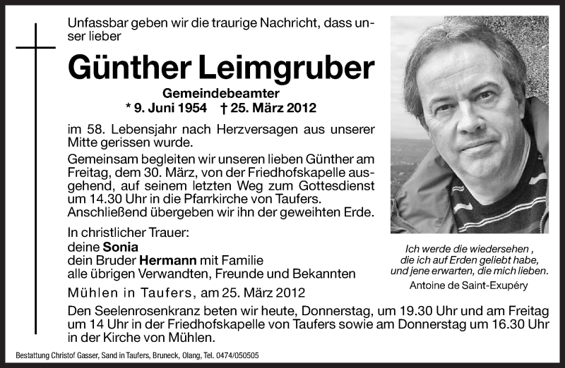  Traueranzeige für Günther Leimgruber vom 29.03.2012 aus Dolomiten