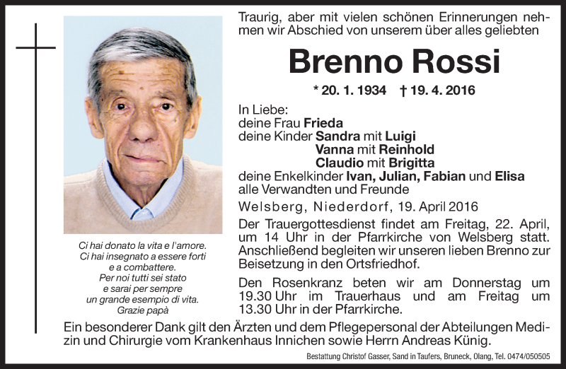  Traueranzeige für Brenno Rossi vom 20.04.2016 aus Dolomiten