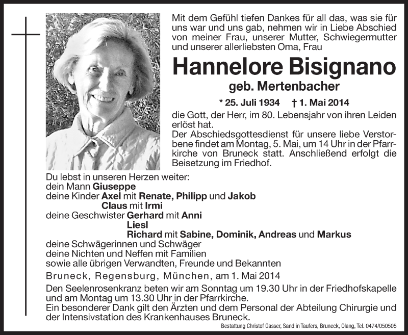  Traueranzeige für Hannelore Bisignano vom 03.05.2014 aus Dolomiten