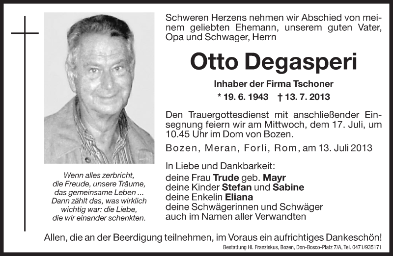  Traueranzeige für Otto Degasperi vom 16.07.2013 aus Dolomiten