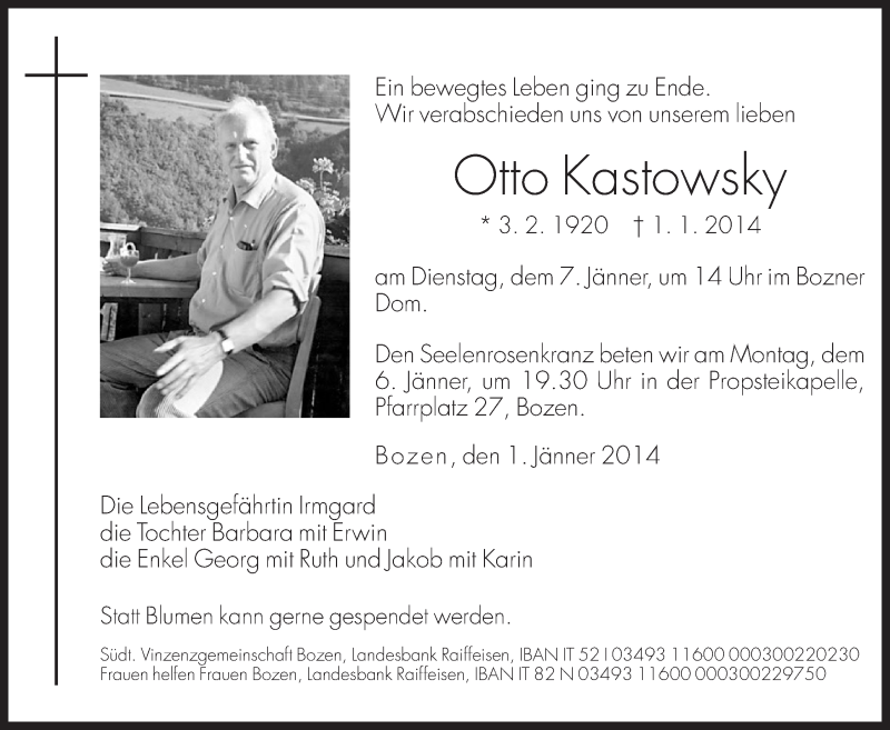  Traueranzeige für Otto Kastowsky vom 04.01.2014 aus Dolomiten