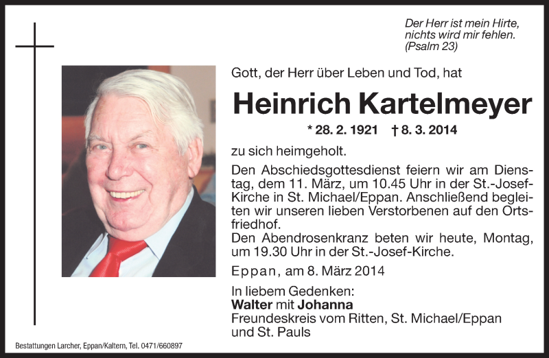  Traueranzeige für Heinrich Kartelmeyer vom 10.03.2014 aus Dolomiten