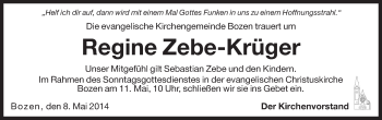 Traueranzeige von Regine Zebe-Krüger von Dolomiten