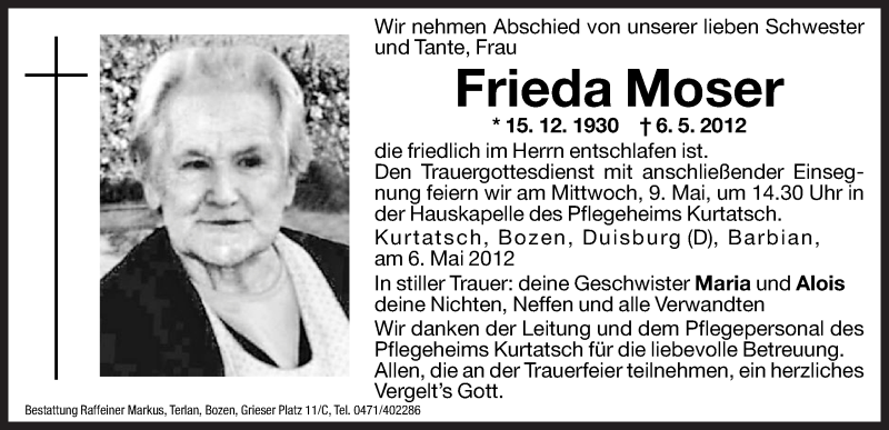  Traueranzeige für Frieda Moser vom 08.05.2012 aus Dolomiten