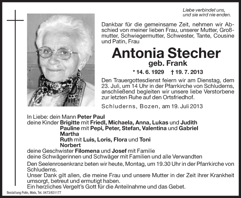  Traueranzeige für Antonia Stecher vom 22.07.2013 aus Dolomiten