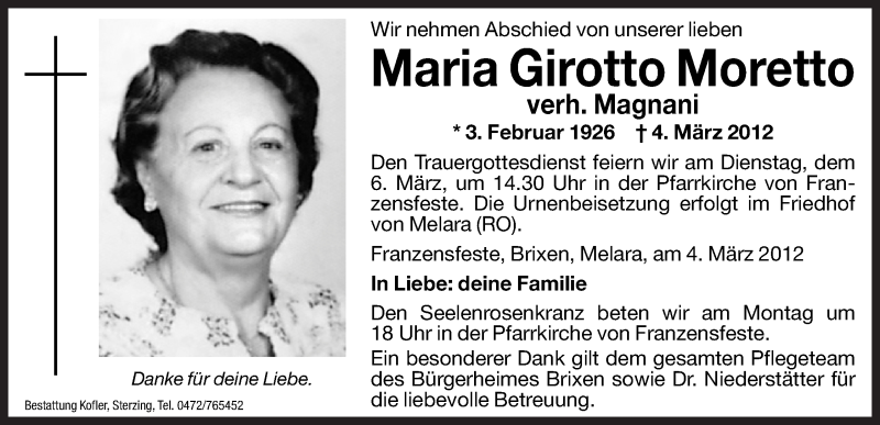  Traueranzeige für Maria Magnani vom 05.03.2012 aus Dolomiten