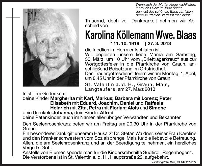  Traueranzeige für Karolina Blaas vom 29.03.2013 aus Dolomiten