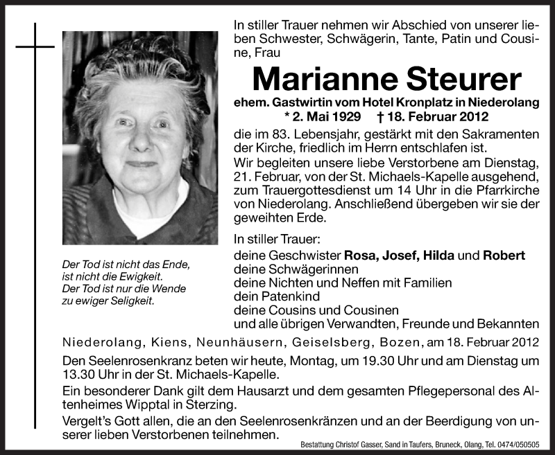  Traueranzeige für Marianne Steurer vom 20.02.2012 aus Dolomiten