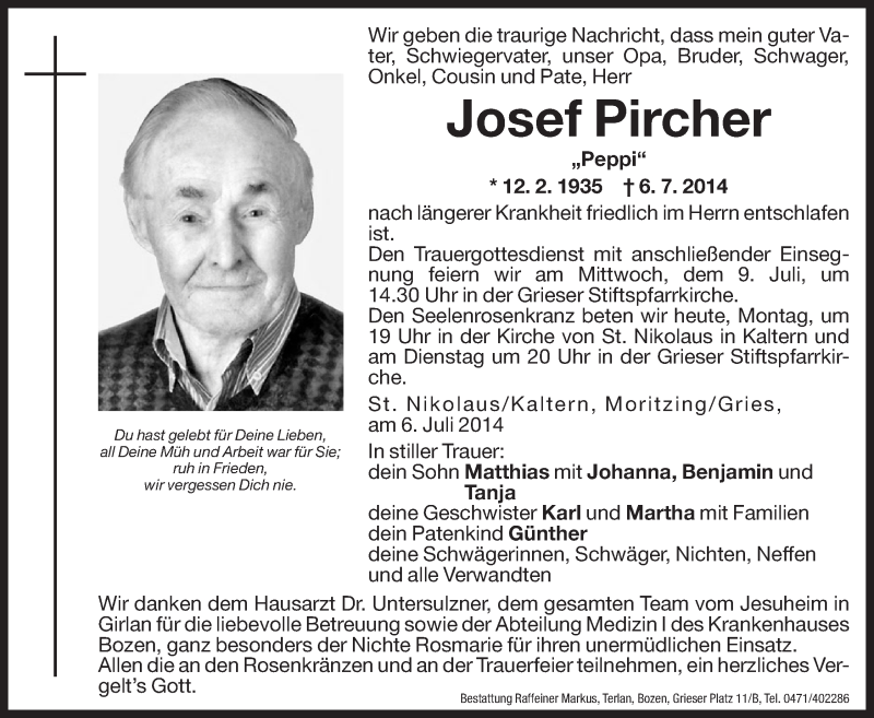  Traueranzeige für Josef Pircher vom 07.07.2014 aus Dolomiten