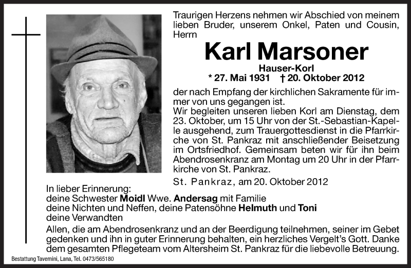  Traueranzeige für Karl Marsoner vom 22.10.2012 aus Dolomiten