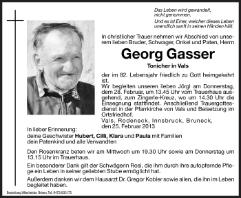 Traueranzeige von Georg Gasser von Dolomiten