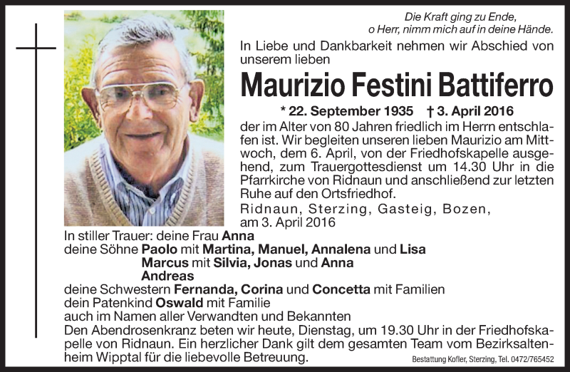  Traueranzeige für Maurizio Festini Battiferro vom 05.04.2016 aus Dolomiten