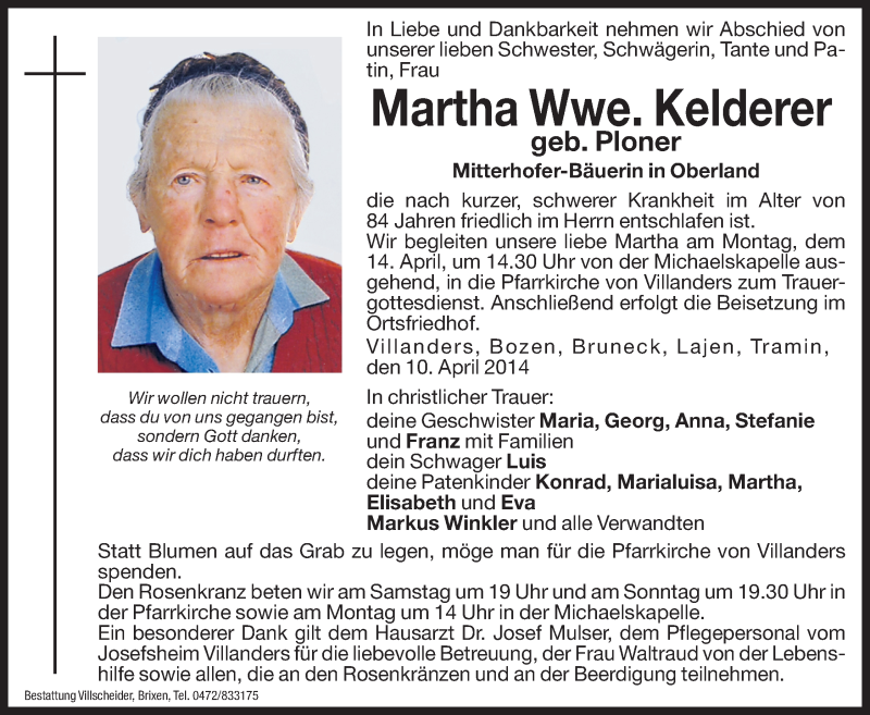  Traueranzeige für Martha Kelderer vom 12.04.2014 aus Dolomiten