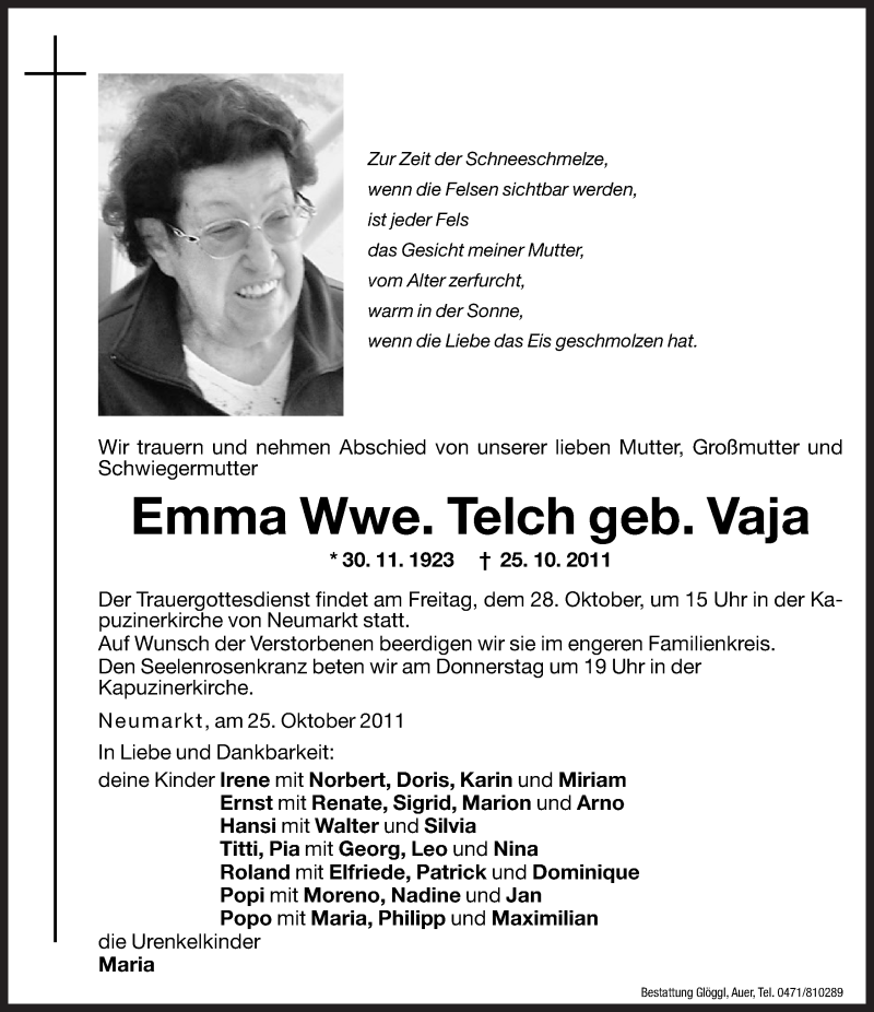  Traueranzeige für Emma Telch vom 26.10.2011 aus Dolomiten