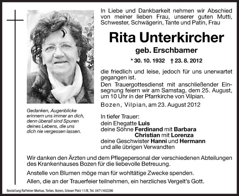  Traueranzeige für Rita Unterkircher vom 24.08.2012 aus Dolomiten