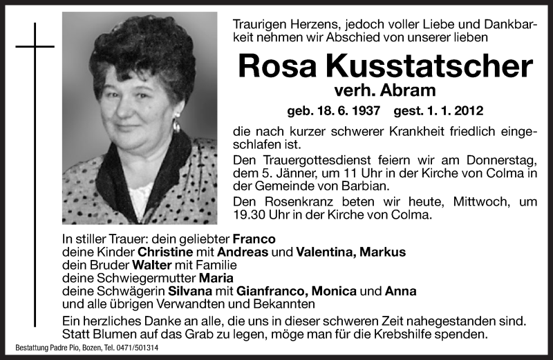  Traueranzeige für Rosa Abram vom 04.01.2012 aus Dolomiten