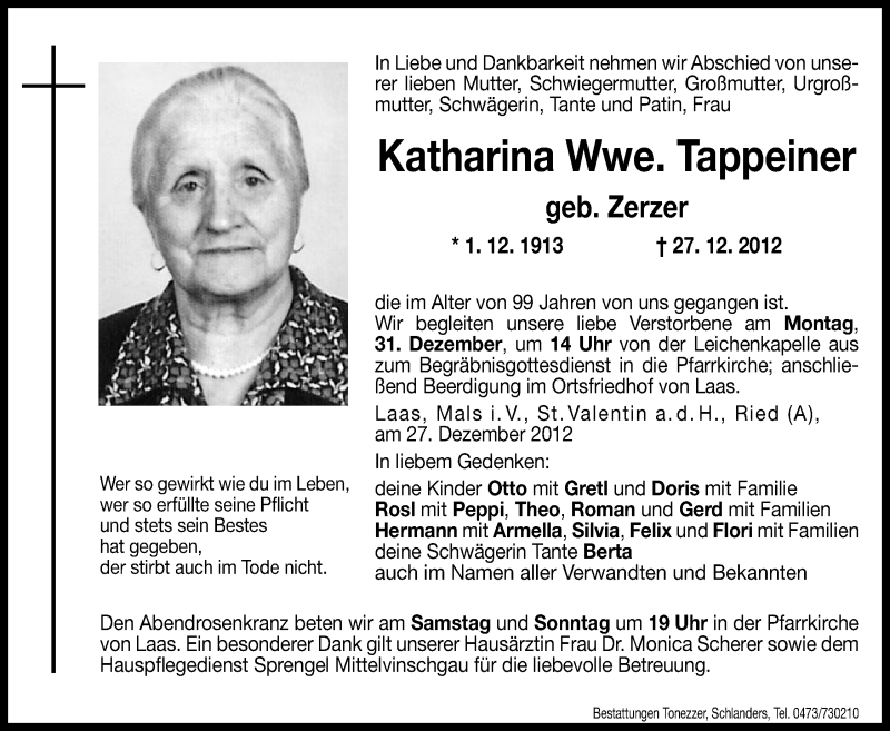  Traueranzeige für Katharina Tappeiner vom 28.12.2012 aus Dolomiten