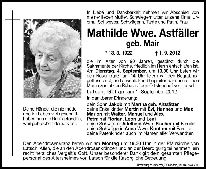  Traueranzeige für Mathilde Astfäller vom 03.09.2012 aus Dolomiten