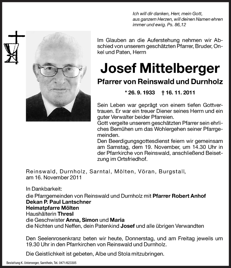  Traueranzeige für Josef Mittelberger vom 17.11.2011 aus Dolomiten