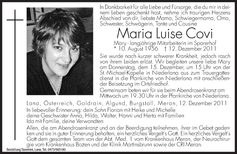  Traueranzeige für Maria Luise Covi vom 14.12.2011 aus Dolomiten