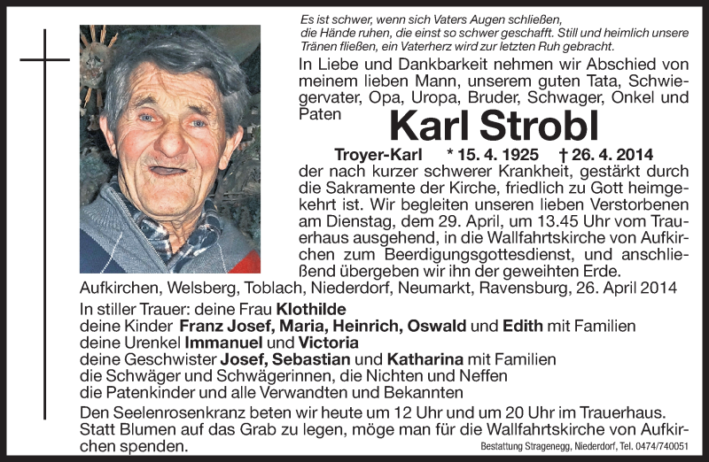  Traueranzeige für Karl Strobl vom 28.04.2014 aus Dolomiten