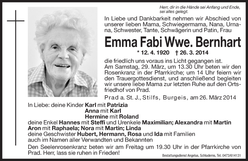  Traueranzeige für Emma Bernhart vom 28.03.2014 aus Dolomiten