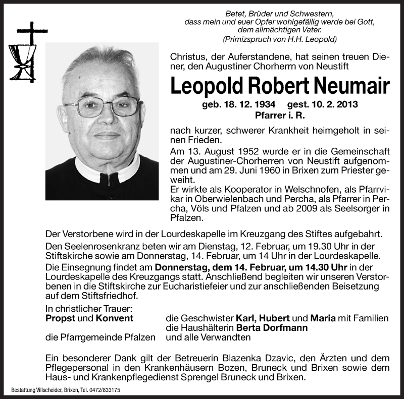  Traueranzeige für Leopold Robert Neumair vom 12.02.2013 aus Dolomiten