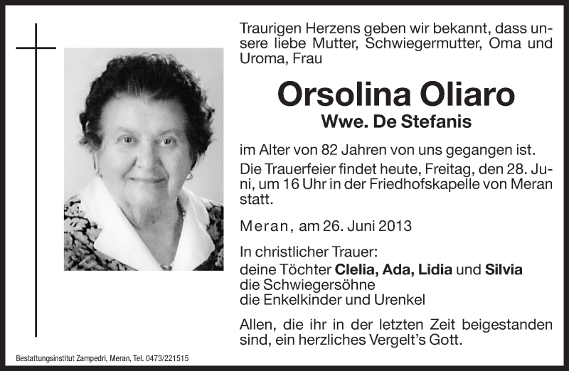  Traueranzeige für Orsolina De Stefanis vom 28.06.2013 aus Dolomiten