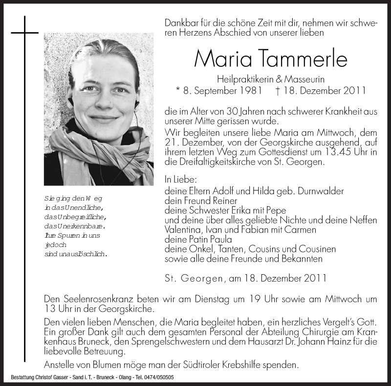  Traueranzeige für Maria Tammerle vom 20.12.2011 aus Dolomiten