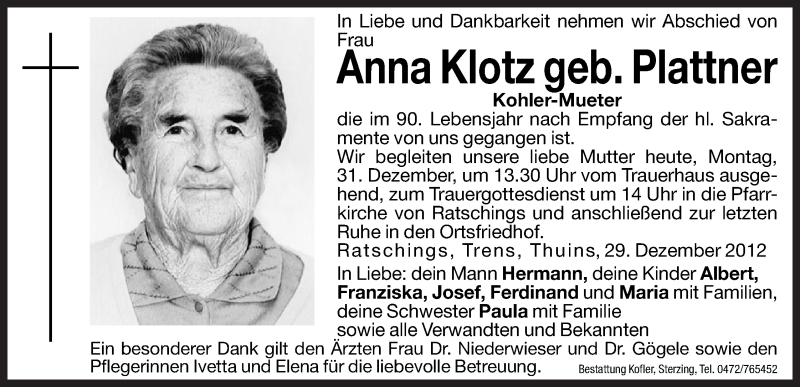  Traueranzeige für Anna Klotz vom 31.12.2012 aus Dolomiten