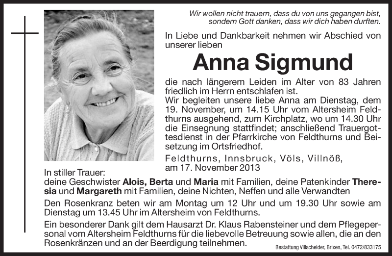  Traueranzeige für Anna Sigmund vom 18.11.2013 aus Dolomiten