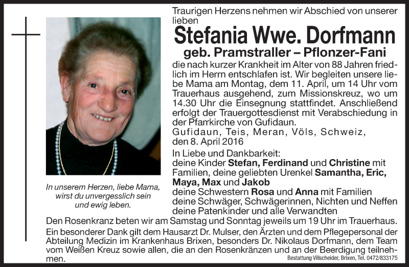  Traueranzeige für Stefania Dorfmann vom 09.04.2016 aus Dolomiten