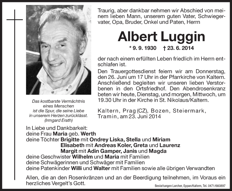  Traueranzeige für Albert Luggin vom 24.06.2014 aus Dolomiten